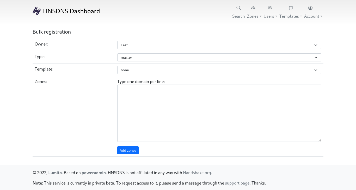HNSDNS Dashboard Bulk Registration