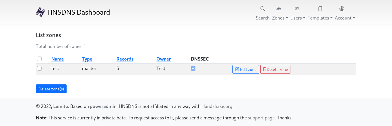 HNSDNS Dashboard Listing Zones
