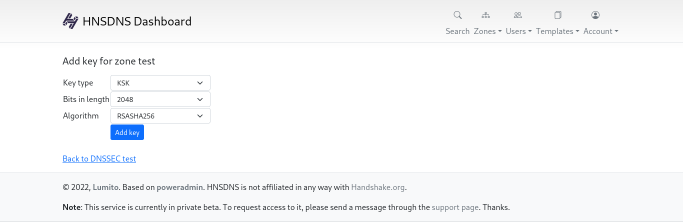HNSDNS Dashboard Adding new DNSSEC keys