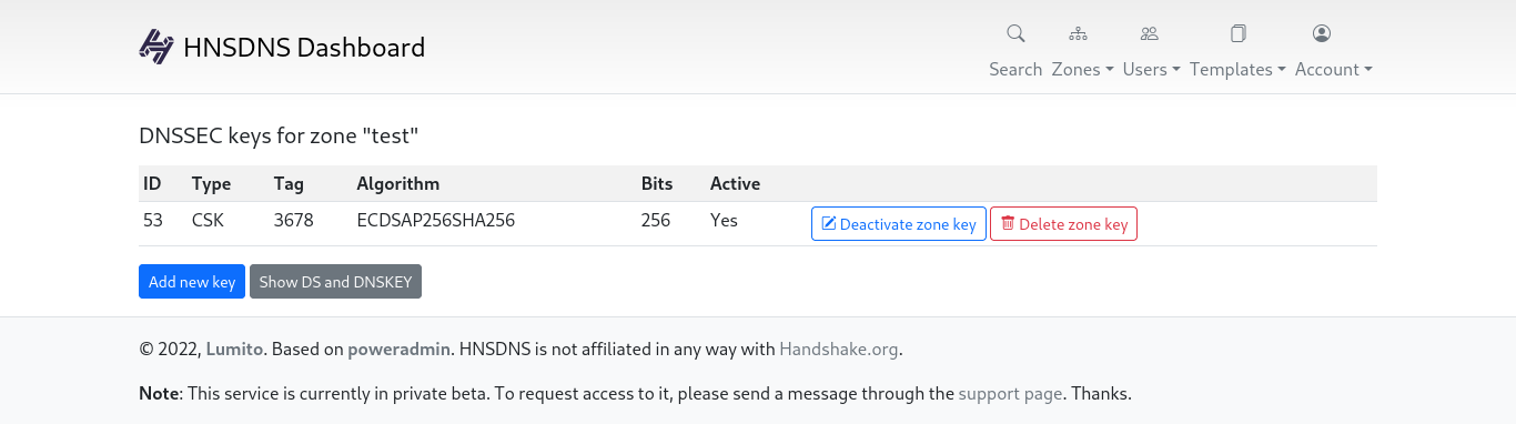 HNSDNS Dashboard DNSSEC configuration